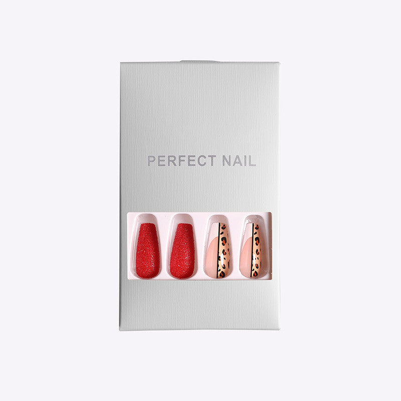 Red   Color Leopard Print Ballet False Nails