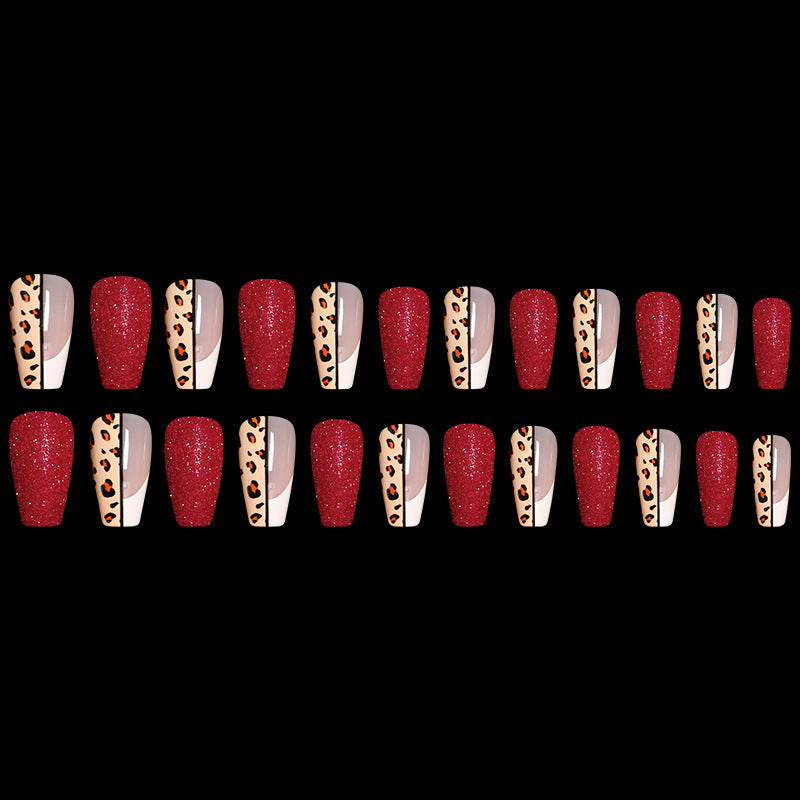 Red   Color Leopard Print Ballet False Nails