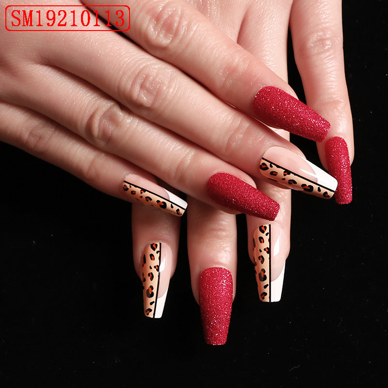 Red   Color Leopard Print Ballet False Nails